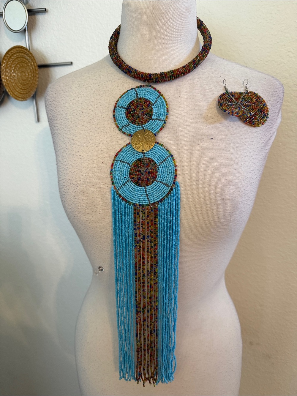 Handmade Turquoise Beaded Statement Necklace with Fringe